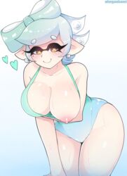 1girls ahegaokami alternate_breast_size big_breasts blush breasts earring female female_only heart hearts hearts_around_head inkling large_breasts marie_(splatoon) marie_(splatoon_island) nipples one-piece_swimsuit one_breast_out simple_background solo splatoon splatoon_island squid_sisters swimsuit wet