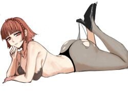 big_ass big_breasts bra brown_hair high_heels huge_ass huge_breasts lingerie lingerie_only looking_at_viewer lying lying_on_stomach makoto_niijima nero_watch panties persona_5 pulling red_eyes ripped_pantyhose short_hair side_view thick thick_ass thick_thighs thighhighs thighhighs_pull thighs