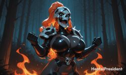 ai_generated bones breasts colored_skin female female_only female_pubic_hair hentaipresident large_breasts latex latex_clothing latex_gloves latex_suit medium_breasts open_mouth orange_hair outdoors pubic_hair red_hair solo solo_female