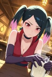 ai_generated black_hair blush bustybunz choker cleavage cum cum_in_container cum_on_fingers cumplay cumstring disgust drinking_cum eating_cum elbow_gloves gokkun huge_breasts looking_at_viewer nervous pov red_eyes sarada_uchiha semen smell sniffing steam tagme thick_cum twintails video