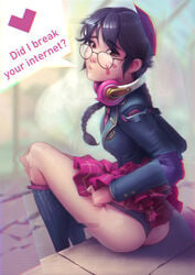 academy_d.va alternate_costume ass black_hair blizzard_entertainment brown_eyes d.va english_text eyelashes female female_only glasses headphones krakenkatz looking_at_viewer looking_back miniskirt overwatch panties school_uniform schoolgirl showing_ass sitting skirt socks solo solo_female tagme teasing text tie underwear video_games