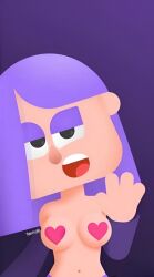 2d ai_generated app_game belly_button big_breasts black_eyes boobs_out breasts breasts_out cartoon censored clothed clothing_aside duolingo ears exhibitionist eyeshadow female female_focus female_only girl grok hair hair_over_one_eye hand_up heart_pasties light-skinned_female light_skin lily_(duolingo) looking_at_viewer makeup navel nose not_porn open_mouth pasties pink_heart pink_heart_pasties purple_background purple_eyeshadow purple_hair serious serious_face serious_look short_hair square_head student-teacher teacher teen teenage_female teenager teeth tits_out username yallahs80