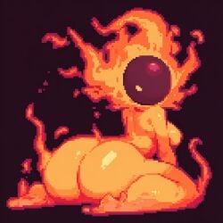 1girls ai_generated anthrofied ass breasts cold_shrike curvy elemental_creature elemental_humanoid female female_only fire fire_body flame flames humanized humanoid lesser_wisp looking_at_viewer looking_back mask novelai on_knees orange_body orange_eyes pixel_art red_background risk_of_rain risk_of_rain_2 simple_background solo solo_focus wisp
