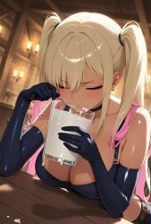 ai_generated black_hair blonde_hair blush bustybunz choker cleavage cum cum_in_container cum_on_fingers cumplay cumstring disgust drinking_cum eating_cum elbow_gloves gokkun huge_breasts looking_at_viewer nervous pink_hair pov red_eyes semen smell sniffing steam tagme thick_cum twintails video