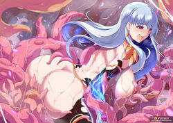 bare_shoulders black_legwear blush breasts censored crying fate/grand_order fate_(series) female jewelry kama_(fate/grand_order) large_breasts light_blue_hair long_hair mosaic_censoring nipples open_mouth red_eyes saliva solo standing sweat tentacle tentacle_sex thighhighs torahime