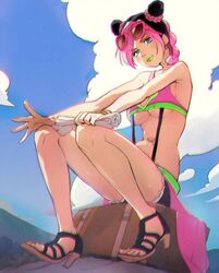 1girls alternate_color bikini bikini_bottom bikini_top blue_eyes clothed clothing cloud female female_focus female_only green_lipstick hands_on_knees heels jean_shorts jojo's_bizarre_adventure jolyne_kujo looking_at_viewer medium_breasts outside pink_bikini pink_hair sandals sekisei sitting solo solo_female stone_ocean suitcase sunglasses sunglasses_on_head swimsuit tattoo underboob