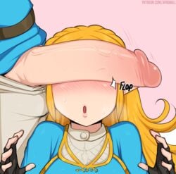 1boy 1girls afrobull blonde_hair blush breath_of_the_wild can't_see_the_haters cant_see_the_haters covered_eyes female flaccid head_out_of_frame huge_cock humanoid hylian link link_(breath_of_the_wild) long_hair male nintendo open_mouth pale_skin penis penis_awe penis_covering_eyes penis_on_face penis_over_eyes pink_background pointy_ears princess_zelda sidelocks simple_background solo_focus straight sweatdrop the_legend_of_zelda tunic veins veiny_penis zelda_(breath_of_the_wild)