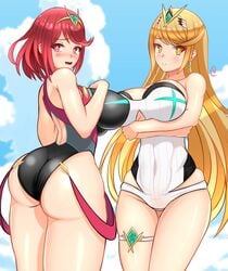 2girls absurdres ahoge ass bare_shoulders blonde_hair blush breasts circlet clothed competition_swimsuit curvy expirednepbull female female_only from_behind highres huge_ass large_breasts long_hair looking_at_viewer multiple_girls mythra nintendo one-piece_swimsuit open_mouth orange_eyes pyra red_eyes red_hair shiny shiny_hair shiny_skin short short_hair sideboob smile swimsuit thick_thighs thigh_strap thighs very_long_hair wide_hips xenoblade_(series) xenoblade_chronicles_2