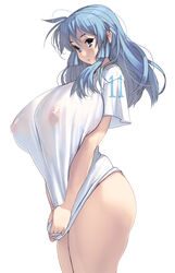 bare_legs blue_eyes blue_hair breasts covering cowboy_shot curvy expressionless female highres huge_breasts lips long_hair looking_at_viewer masao nipples original plump see-through shirt simple_background solo standing t-shirt tented_shirt white_background