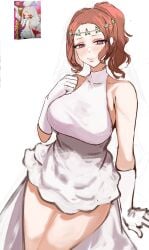 big_breasts blush bridal_gauntlets bride_veil brown_eyes dress front_view game_screenshot gloves hair_ornament haru_okumura huge_breasts looking_at_viewer nero_watch persona_5 persona_5_tactica pink_hair sitting sweat sweatdrop thick thick_thighs thighs