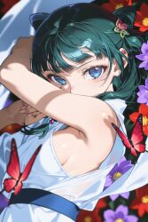 1girls ai_generated armpit armpits beautiful blue_eyes butterfly clothed clothing dance dancer dancer_outfit dancing dancing_girl female flower flower_in_hair flowers green_hair hand kusuriya_no_hitorigoto maomao_(kusuriya_no_hitorigoto) randomand self_upload sideboob sideboob_cutout white_clothing