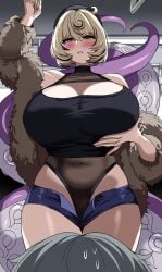 1boy 1girls absurdres ass big_ass big_breasts big_thighs black_hair blonde_hair blush breasts drogod_(artist) female gigantic_ass gigantic_breasts gigantic_thighs highres huge_ass huge_breasts huge_thighs hyper hyper_breasts imminent_sex large_breasts looking_at_viewer male mole mole_under_mouth multicolored_hair navel purple_eyes short_hair smile sweat sweatdrop sweating tentacle thick_thighs thighs two-tone_hair venus_body wise_(zenless_zone_zero) yidhari_murphy zenless_zone_zero