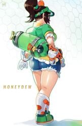 1girls alternate_costume ass big_ass blizzard_entertainment brown_hair clothing curvy eyewear female female_only from_behind glasses honeydew_mei mei_(overwatch) overlord_jc overwatch shoes socks text thick_thighs