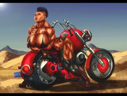 b9tribeca bike biker biker_girl dark_skin dessert extreme_muscles female human motorcycle muscular_female vehicle