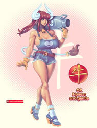 1girls artist_name bell big_breasts bimbo bovine_humanoid breasts chinese_zodiac cleavage clothing cow_girl cow_horns cow_tail cowbell earring farmer farmgirl female female_only frills gloves hair high_heels hoop_earrings horns large_breasts long_hair moo_bitch muscular_female naked_overalls overalls red_eyes solo supersatanson tail thighs watermark zodiac