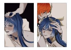 2girls absurdres augusta_(wuthering_waves) bite_mark bite_mark_on_neck bite_mark_on_shoulder blue_eyes blue_hair blush closed_mouth commentary commission couple cuddling english_commentary hand_in_another's_hair hand_on_another's_head hickey highres hug iuno_(wuthering_waves) lesbian_couple meme multiple_girls nude open_mouth pillow raebins red_hair smile sometimes_like_this_also_like_that twintails wuthering_waves yuri