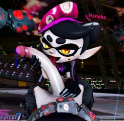 1boy 1girls 3d agent_4_(splatoon) bedroom_eyes callie_(splatoon) fellatio female inkling inkling_boy inkling_girl leaking_cum licking_penis looking_at_viewer male_agent_4_(splatoon) octo_callie oral questionable_consent restrained splatoon splatoon_2 tentacle_hair