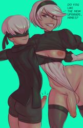 1boy 1futa balls big_penis blindfold breasts english_text erection exposed_breasts flaccid foreskin full-package_futa futa_is_bigger futa_with_male futanari intersex large_penis leotard leotard_aside male nier nier:_automata penis penis_size_difference playzholder showing_penis small_penis testicles uncircumcised yorha_2b yorha_9s