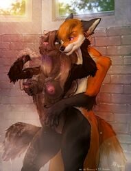 2019 5_fingers anthro anthro_on_anthro areola brown_hair canid canine detailed_background duo euplerid female fossa fossa666 fox fur hair hi_res male mammal nipples nude orange_fur orange_hair pink_eyes smile standing straight tlt_echelon