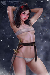 1girls arya_stark black_hair blue_eyes clothing female female_only game_of_thrones hair house_stark long_hair panties petite prywinko skinny small_breasts solo watermark