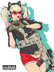 1futa assault_rifle bimbo blonde_hair dmitrys erection futanari glasses lipstick peach_(dmitrys) penis solo solo_futa standing twintails weapon wink