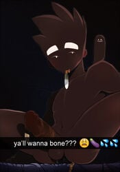 1boy :) abstract_background big_penis black_skin bluesnesscasual condom condom_filling condom_in_mouth condom_on_penis dark_skin dildo english_text male male_only meme monster_boy monster_prom oz_(monster_prom) solo text toys yaoi