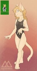 4_toes 5_fingers anthro blonde_hair blue_eyes bulge clothing domestic_cat erection felid feline felis freckles fur hair male mammal noctovision penis_outline solo standing swimwear toes whiskers white_fur