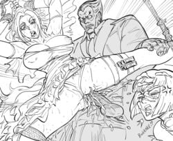 anna_williams arms_up bb_(baalbuddy) bdsm bondage bound_legs bukkake cum_inside cum_on_face defeat defeat_rape defeated facial forced kazuya_mishima legs_held_open legs_tied male monochrome nina_williams penis rape spread_legs tekken tekken_7