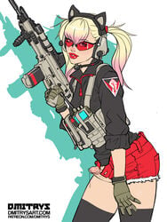 androgynous assault_rifle bimbo blonde_hair dmitrys erection girly gun lipstick peach_(dmitrys) penis solo standing twintails weapon