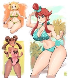 3girls abs abstract_background ass bianca_(pokemon) bikini blonde_hair breasts brown_hair clothed dark-skinned_female dark_skin female female_only hourglass_figure huge_breasts human human_only kenron_toqueen orange_hair pokemon pokemon_bw pokemon_xy shauna_(pokemon) skyla_(pokemon) swimsuit text thick_thighs watermark wide_hips