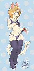 4_toes 5_fingers anthro blonde_hair blue_eyes bulge clothed clothing crossdressing domestic_cat felid feline felis fur girly hair legwear male mammal noctovision panties solo standing stockings toes underwear white_fur