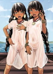 2girls bangs black_hair blush bracelet braid breasts brown_eyes clothing dark_skin day dress earrings highres jewelry laila_(otoyomegatari) leyli_(otoyomegatari) long_hair looking_at_viewer multiple_girls necklace nipples no_bra no_panties open_mouth otoyomegatari outdoors pubic_hair pussy rensyu see-through siblings sisters small_breasts standing twin_braids twins water wet wet_clothes white_dress