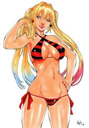 1girls batman_(series) big_breasts bikini blonde blonde_hair blue_highlights breasts dc ed_benes_studio female female_only harley_quinn highlights large_breasts long_hair nipple_bulge pigtails pink_highlights solo standing twintails vagner_fernandes