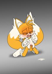 absurd_res anthro balls blush canid canine closed_eyes clothing cum cum_on_ground cumshot ejaculation erection fox fur gloves hands-free hi_res humanoid_penis kneeling legwear male male_only mammal open_mouth orgasm penis simple_background skyeprower socks solo sonic_(series) tails