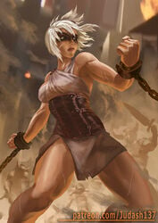 bare_shoulders bondage bound chains female hair_between_eyes judash137 league_of_legends legs looking_at_viewer makeup muscle open_mouth paid_reward patreon_reward restrained riven short_hair slave solo thighs toned white_hair