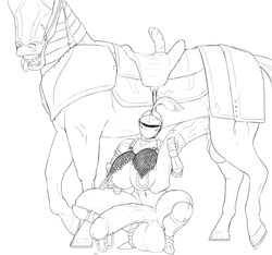 1boy 1futa abs aka6 areolae armor bent_penis big_breasts breasts club_shaped_penis crested_helmet dickgirl erection feral flared_penis futa_on_feral futanari gauntlets helmet hooves horse horsecock horseshoe huge_breasts huge_cock intersex large_breasts line_art looking_at_viewer medial_ring monochrome muscular_futanari nipple_piercing nipple_rings nipples pauldrons penis penis_hug penis_to_the_knees squatting stallion thick_thighs warrior zoophilia