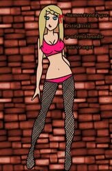 1girls blonde_hair blue_eyes eyebrows_visible_through_hair fishnet_stockings fnafhs hair_ribbon joy_(fnafhs) pink_panties pink_topwear spanish_text text