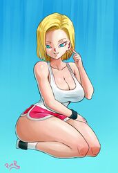 1girls android_18 ass blonde_hair blue_eyes cameltoe cleavage curvy dragon_ball erect_nipples female hair_over_one_eye huge_areolae huge_ass huge_breasts looking_at_viewer pinkpawg puffy_nipples short_hair source_request text thick_lips thick_thighs voluptuous watermark wide_hips