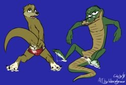 2015 absurd_res after_sex alligator alligatorid animal_genitalia animalympics anthro anus ass bedroom_eyes bolt_jenkins bulge claws clothed clothing crocodilian cum cum_in_ass cum_in_mouth cum_inside cum_on_butt cum_on_clothing cum_on_face cum_on_feet dean_wilson feet fur genital_slit half-closed_eyes hi_res kneeling lancer_buck_(colorist) looking_at_viewer lutrine male male_only mammal mustelid nude open_mouth partially_clothed presenting presenting_hindquarters raised_tail relaxing reptile scales scalie seductive simple_background slit smile smirk speedo swimwear toe_claws toony undressing weaselgrease webbed_feet