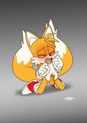 absurd_res anthro balls blush canid canine closed_eyes clothing cum cum_on_ground cumshot ejaculation erection footwear fox fur gloves hands-free hi_res humanoid_penis kneeling male male_only mammal open_mouth orgasm penis shoes simple_background skyeprower solo sonic_(series) tails