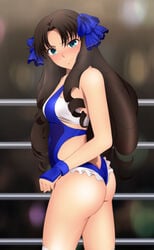 1girls angry backless_outfit black_hair blush boxing_gloves boxing_ring embarrassed fate/stay_night fate_(series) female female_only leotard long_hair shiny shiny_skin tagme thong thong_leotard tohsaka_rin yadokari_genpachirou