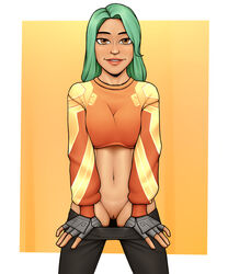 1girls brown_eyes crop_top emberstock female female_only flashing fortnite fortnite:_battle_royale green_hair pants_pull petite presenting_pussy pussy seductive_look seductive_smile smile solo sunbird tagme tanline