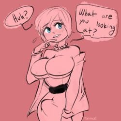 1futa analiss_oc areolae athorment_oc big_breasts big_bulge big_penis blush breasts bulge caption cleavage erection erection_under_clothes erection_under_skirt futanari hayden_(analiss) intersex large_penis mommag oblivious short_hair