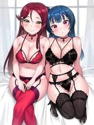 2girls aroused bangs big_breasts black_bra black_legwear black_lingerie black_panties black_shoes black_underwear blue_hair blush blushing breasts busty choker cleavage clothing curvy earrings eyelashes female female_only fully_clothed hair_bun hairpin heels high_heels highres huge_breasts indoors large_breasts lingerie long_hair looking_at_viewer love_live! love_live!_sunshine!! medium_breasts navel nervous pink_eyes red_bra red_hair red_legwear red_lingerie red_panties red_underwear sakurauchi_riko sexually_suggestive shoes sitting sitting_on_bed smile smiling sweat sweating sweating_profusely tem10 thick_thighs tsushima_yoshiko underwear voluptuous wide_hips worried yellow_eyes