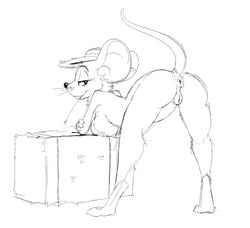 anthro anus ass ass_up bent_over breasts buckteeth claws clothing emenius eyelashes female fur half-closed_eyes hat hay hay_bale headgear headwear hi_res looking_back mammal monochrome mouse murid murine nude pussy raised_tail rodent sketch smile solo standing teeth whiskers