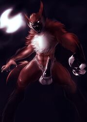 2014 angry animal_genitalia anthro balls canid canine claws erection glowing glowing_eyes knot male mammal moon navel nude open_mouth penis solo standing transformation watsup were werecanid werecanine werewolf