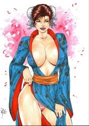 1girls 2019 big_breasts breasts brown_hair chun-li cleavage dated ed_benes_studio female female_only full_cleavage kimono kimono_lift kimono_pull lanio_sena large_breasts milf mound_of_venus no_bra panties pink_panties pinup signature solo street_fighter thick_lips thick_thighs thighs wide_hips