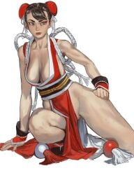 1girls black_hair chun-li cleavage fatal_fury hair_bun hi_res highres king_of_fighters kneeling mai_shiranui_(cosplay) mossa pussy_peek snk solo street_fighter white_background white_fur