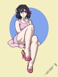 1girls artist_signature black_hair blue_eyes dress high_heels ironsiderodger kill_la_kill legs light-skinned_female light_skin matoi_ryuuko open_toe_shoes painted_nails pink_dress pink_high_heels red_nails red_strand_of_hair