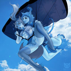 2girls ahe_gao animal_ears areolae breasts clothing duo female female_only finger_fuck fingering fingering_partner groping kemonomimi looking_pleasured multiple_girls ninjakitty nipples open_mouth parachute pussy_juice savvie_catte sky skydiving skye_diver stewardess tail thighhighs yuri